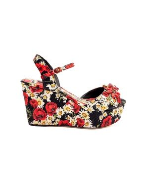 Dolce & Gabbana Brocade Daisy Red Crystal Floral Platform Sandals EU 37.5